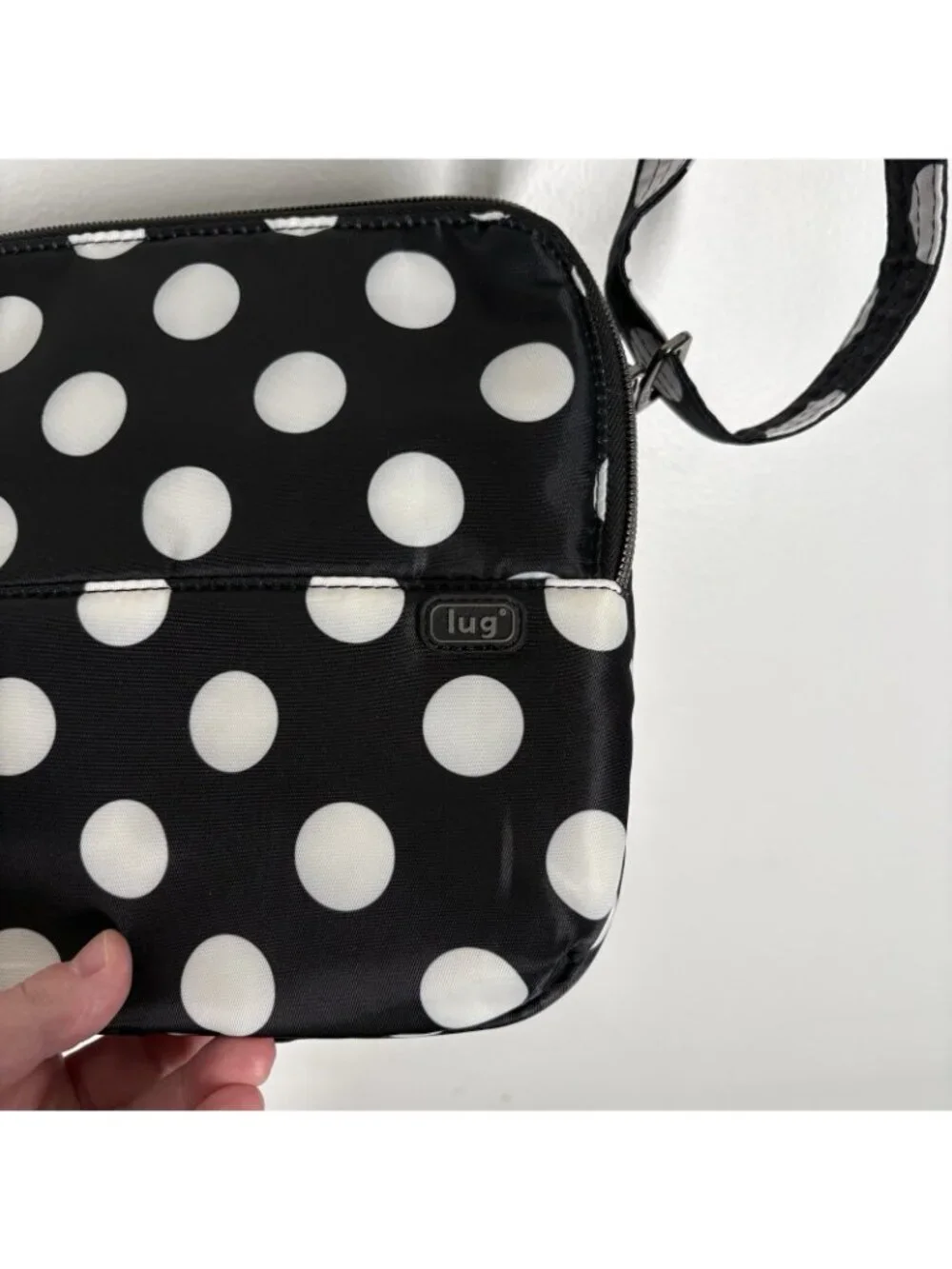 Lug Black White Polka Dot Adjustable Strap Travel Delta Crossbody Bag